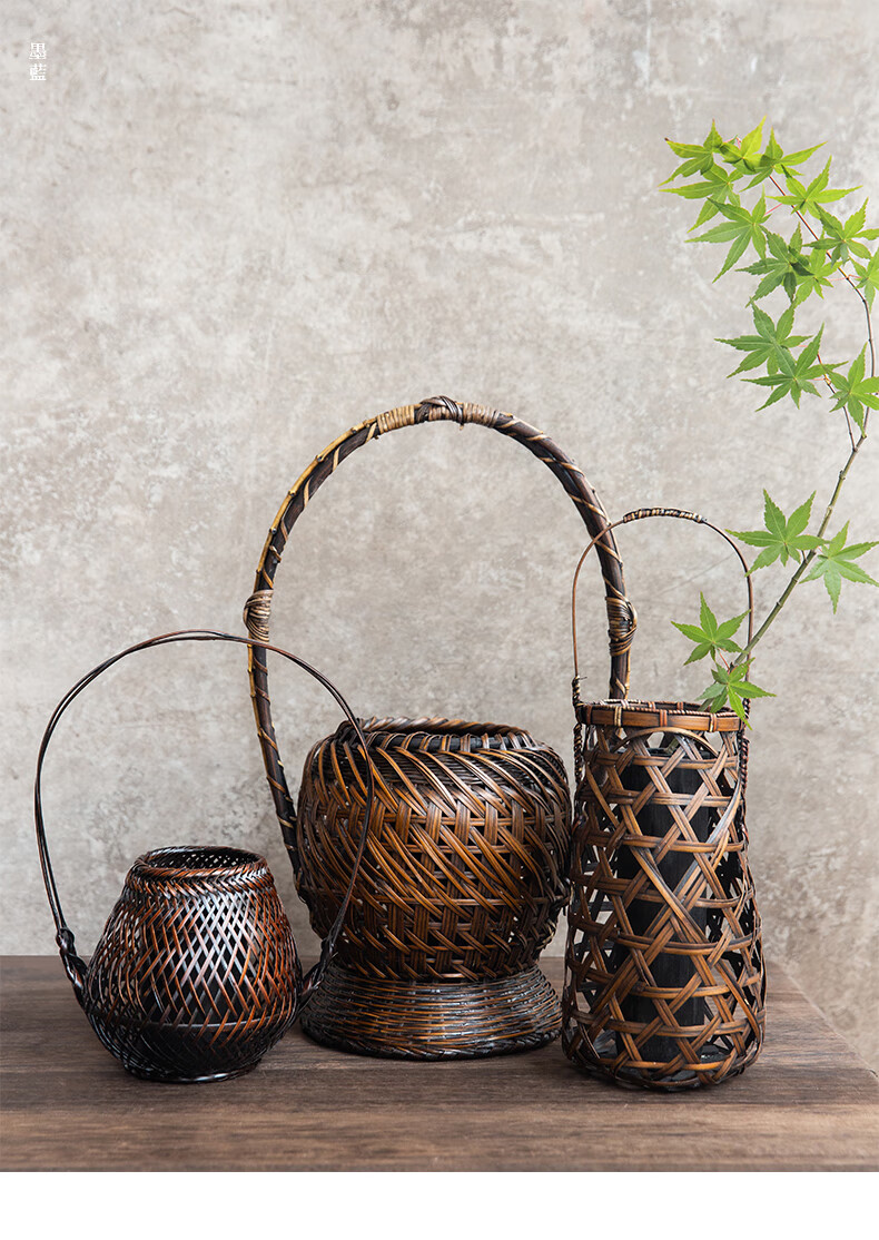 春枝韵手工编织小花篮摆件篮子竹编花瓶花器禅意中式日式插花器皿花艺