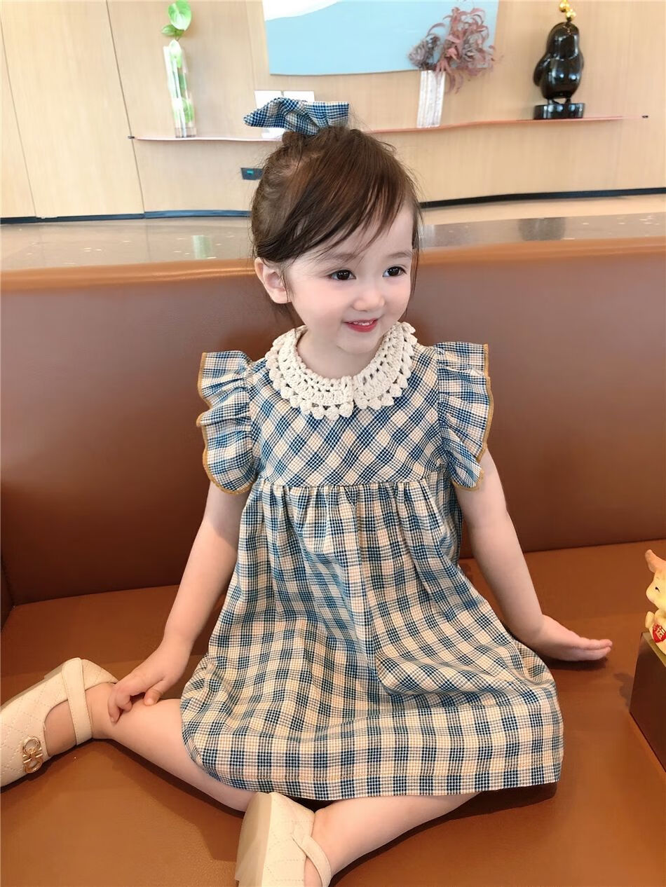 女童夏季连衣裙适合08岁小女孩子夏天穿的格子裙子洋气女宝宝蕾丝棉绸