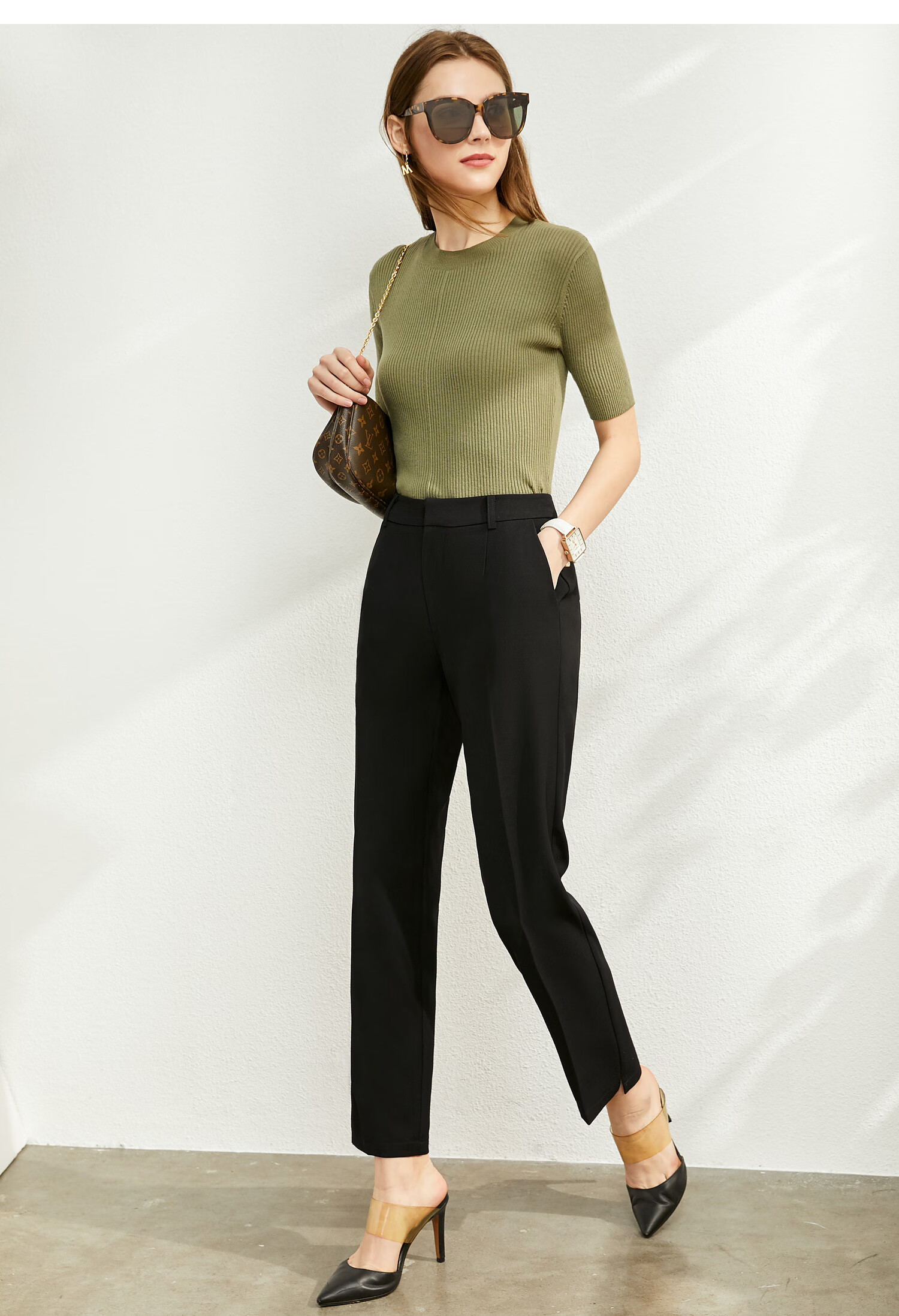 amii极简时尚通勤休闲九分裤女夏新修身中腰显瘦烟管锥形裤 摩卡色