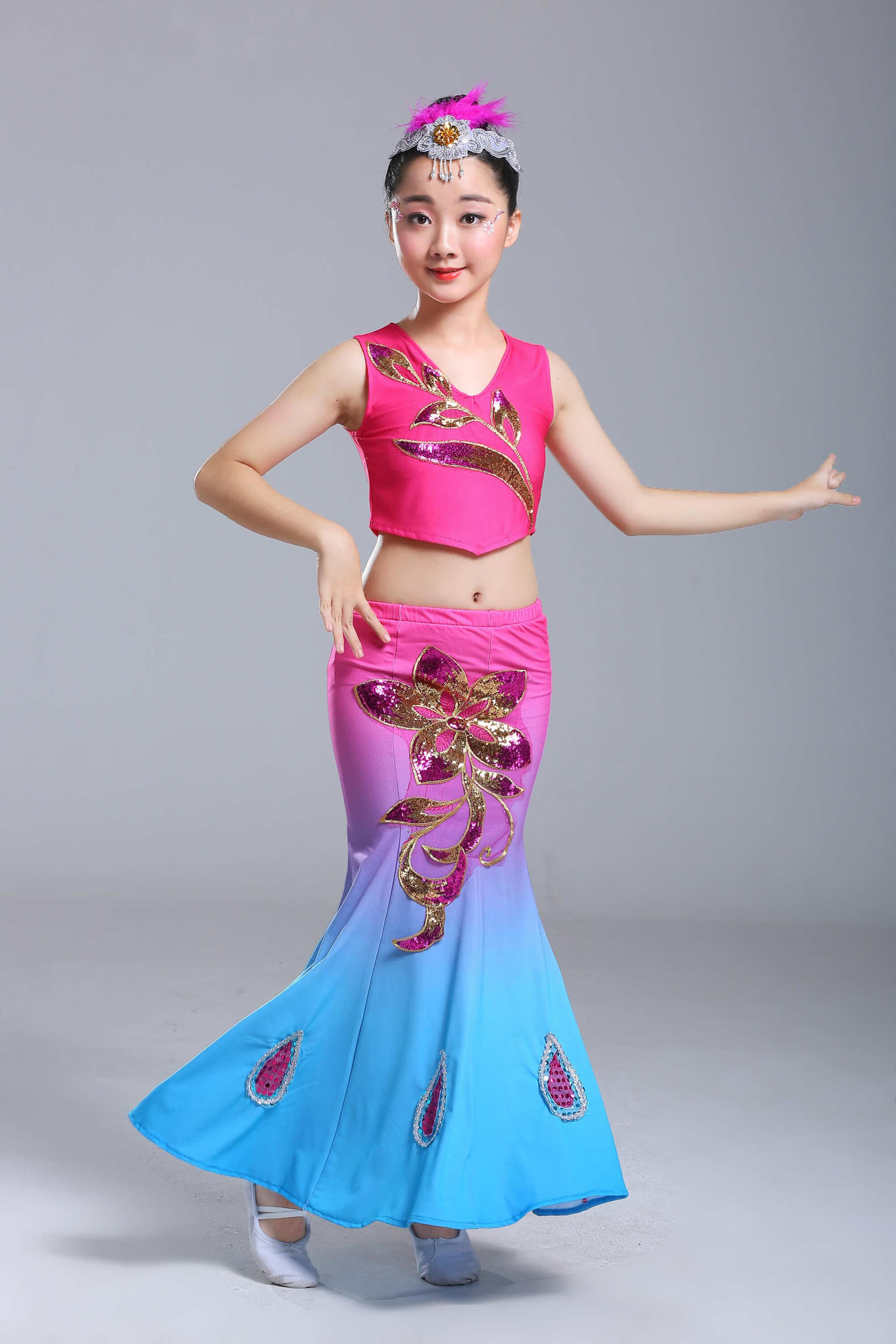 &hua新款儿童傣族舞蹈服孔雀舞演出服女童弹力鱼尾裙少儿民族表演服装