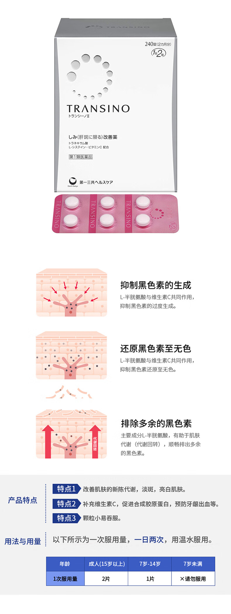 (日本直郵) 第一三共美白丸 TRANSINO改善肝斑黃褐斑 亮白丸 EX新升級版 240粒