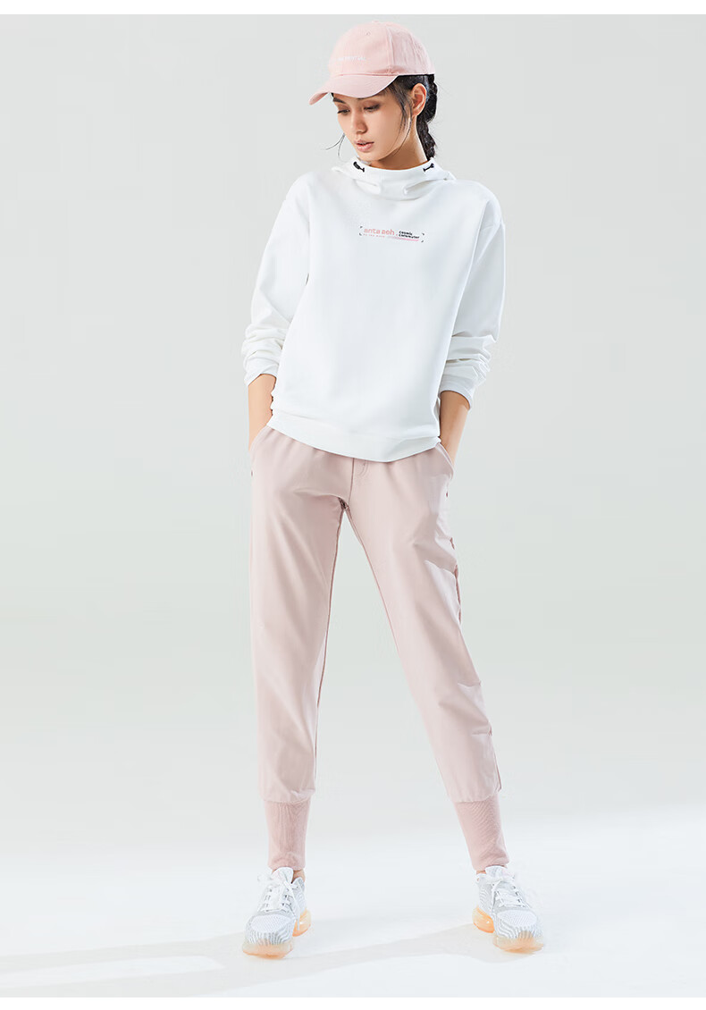 安踏卫衣女连帽女装春季运动服白色套头外套雪花白2170l