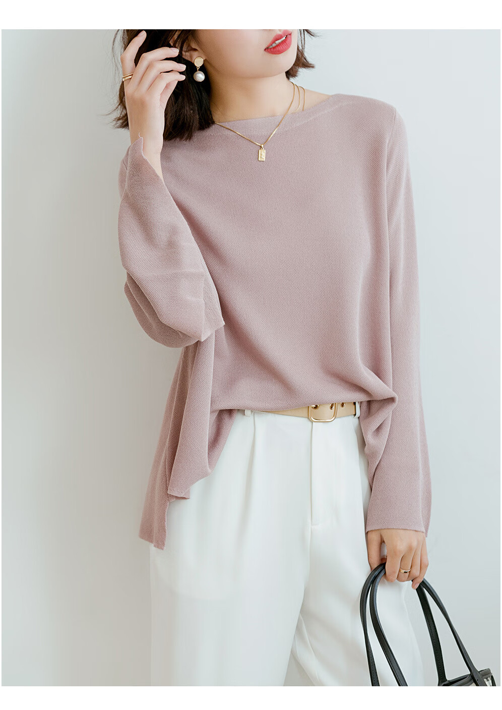 2020法式慵懒风毛衣女薄款宽松冰丝一字领上衣套头打底针织衫长袖