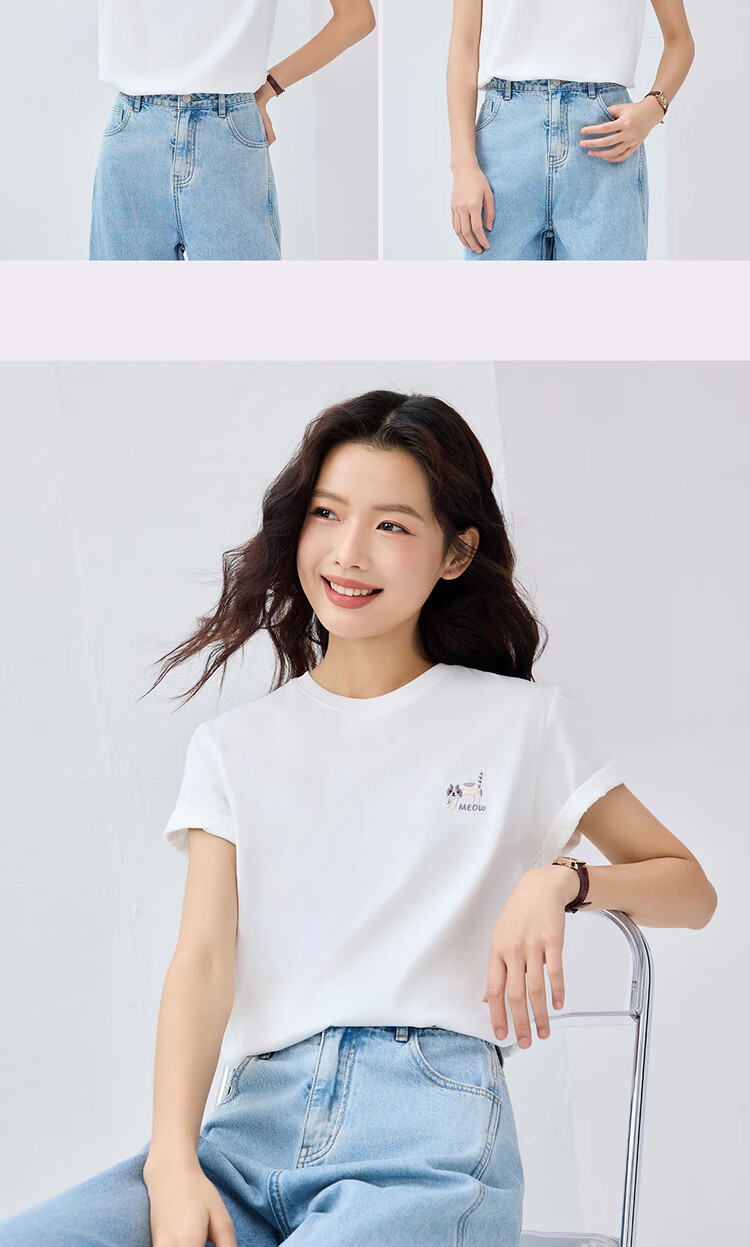 Giordano Women's Short Sleeve T-Shirt, Pure Cotton, Cute Age-Reducing Cat Embroidery, Round Neck Casual Top, 13325327 10