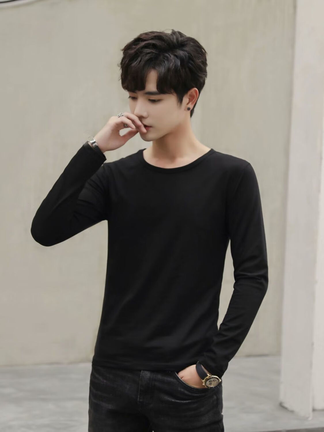 t恤男纯色长袖男士打底衫青年圆领休闲日常衣服男t恤修身舒适 主原