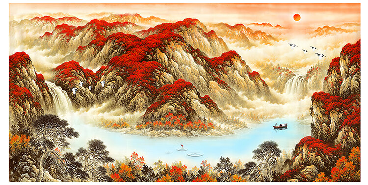 8d新中式国画鸿运当头电视背景墙布5d山水水墨办公室客厅装饰壁画