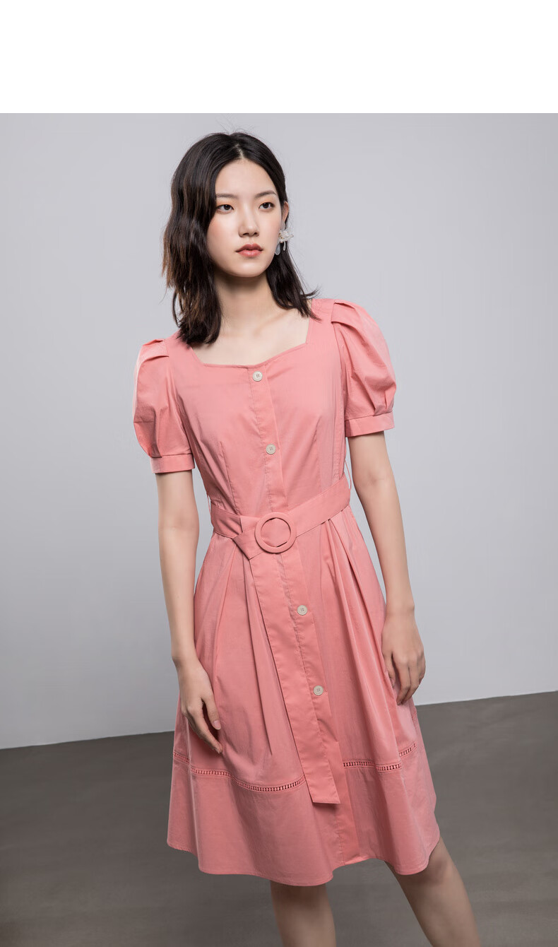 yifini易菲法式方领泡泡袖连衣裙收腰显瘦中长款打底裙夏季2104y912