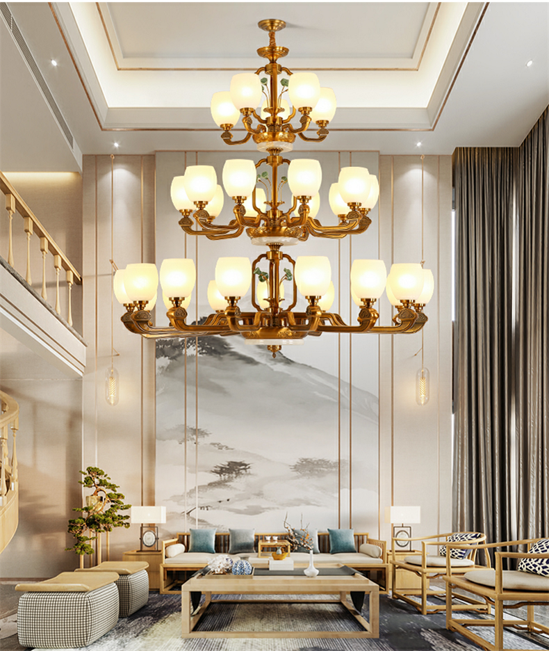 丹锐别墅客厅大吊灯挑空中空现代新中式锌合金复式楼梯中国风大气大堂