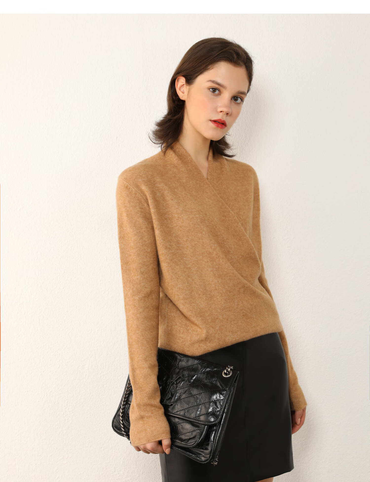 amii极简通勤时尚围裹交叉v领毛衣冬季新款修身显瘦上衣女 摩卡色 160