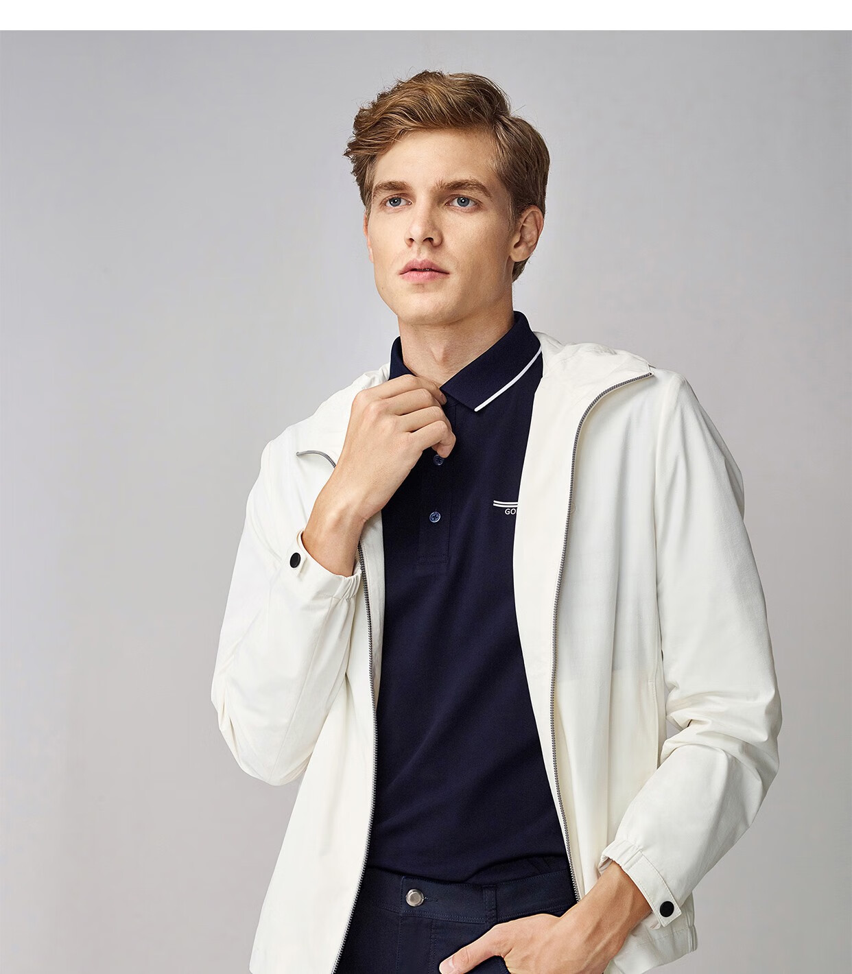 金利来奥特莱斯男装春季纯白色暗纹面料干爽透气时尚连帽男士夹克外套