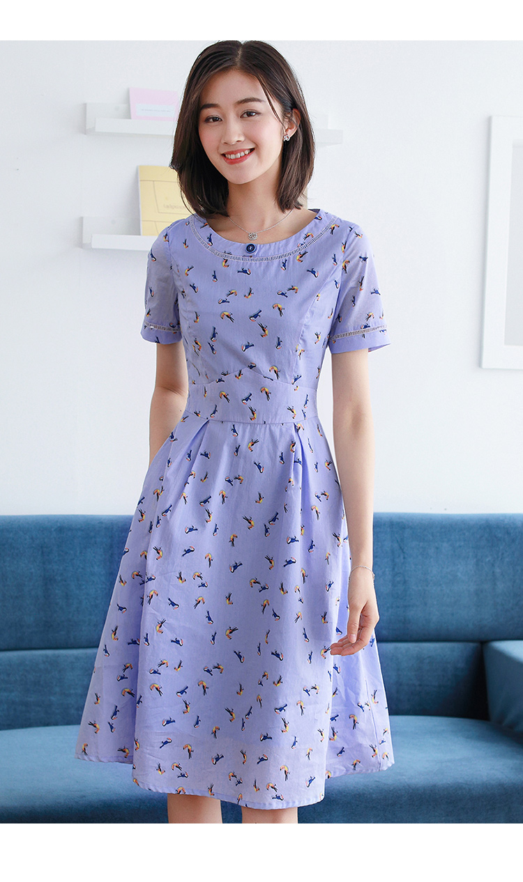 勿忘花夏季气质淑女纯棉碎花裙棉布印花圆领短袖遮肚子女士连衣裙 浅