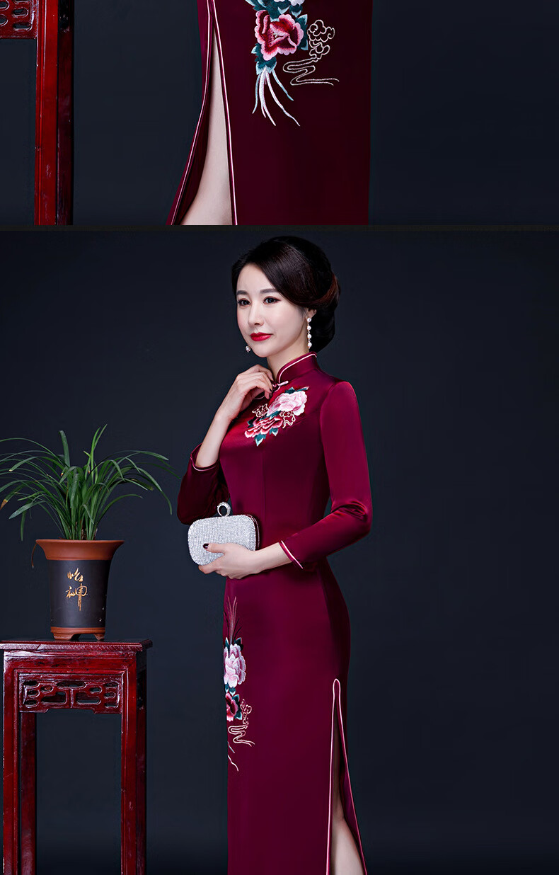酒红色绣花长款旗袍裙长袖修身显瘦婆婆妈妈婚宴服婚礼服 红色 m