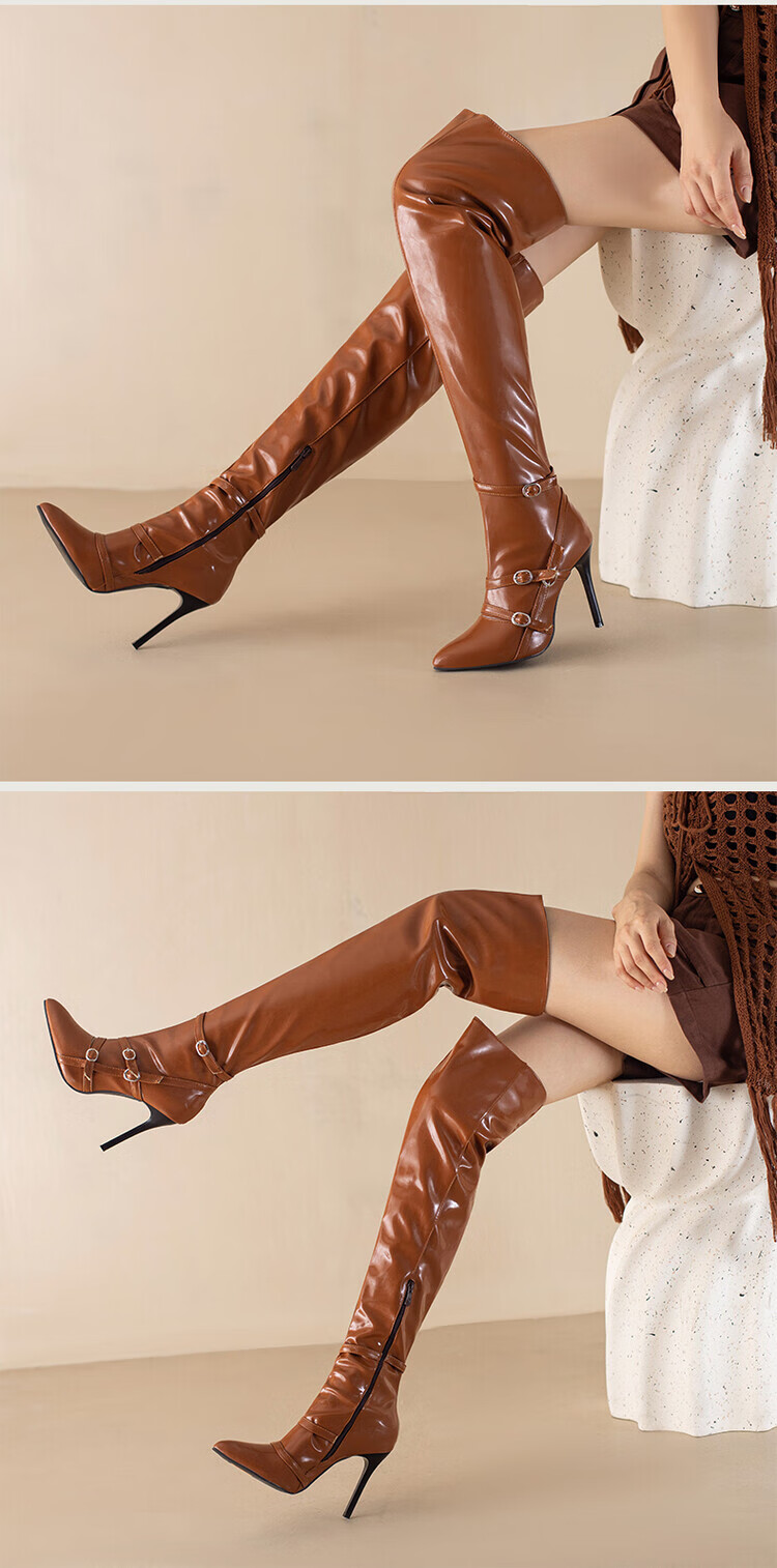 长筒靴过膝靴性感情趣亮面超长靴漆皮细跟性感侧拉链皮带扣尖头骑士靴