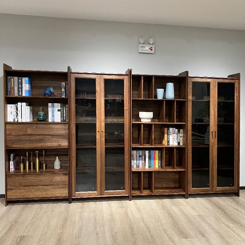 青春潮黑胡桃木实木书柜满墙带门玻璃书柜落地书橱组合柜子b款9035200