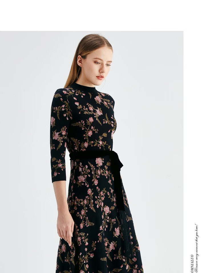 欧柏兰奴女装2020秋冬新款七分袖针织秋冬连衣裙修身显瘦气质打底otqm