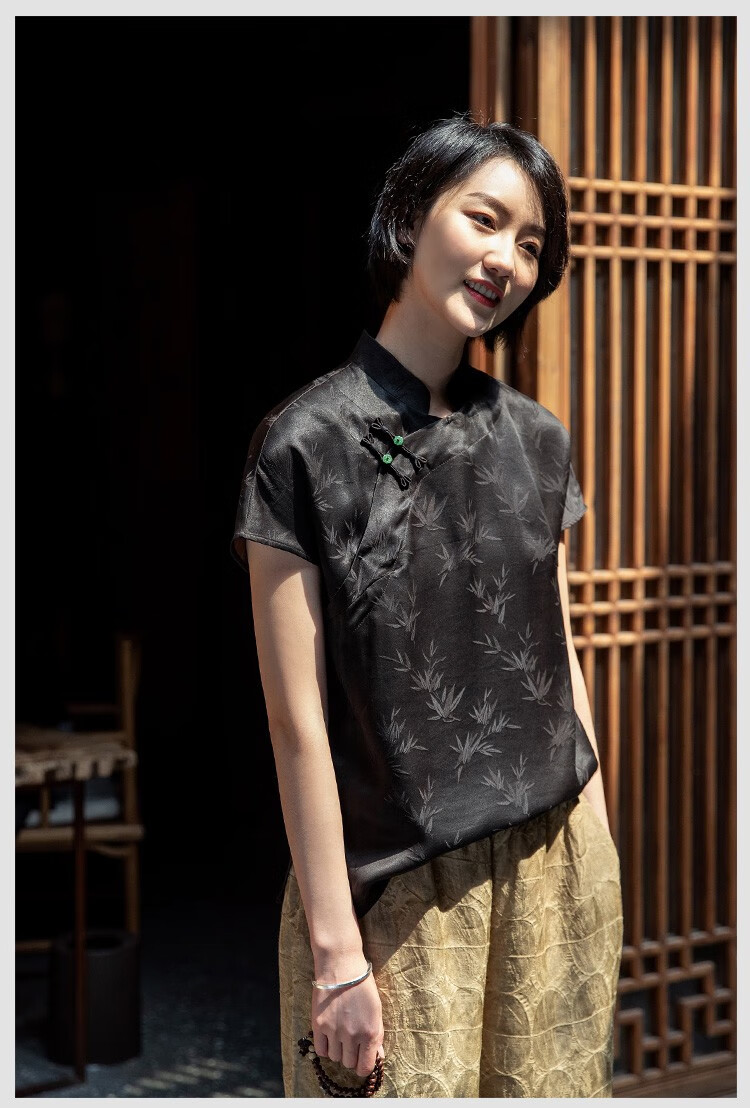 菲伊唐真丝香云纱莨绸中式复古短款旗袍上衣夏款立领一字扣唐装女单