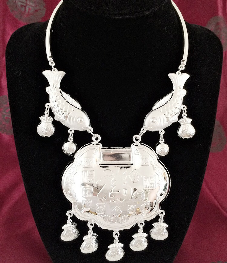 snqp_s银项圈银锁男女宝宝婴儿复古长命锁满月周岁银礼 53克活泼可爱