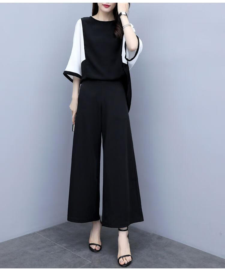 显瘦女装新款套装春秋夏季时尚宽松五分袖阔腿裤套装上衣裤子m码60100