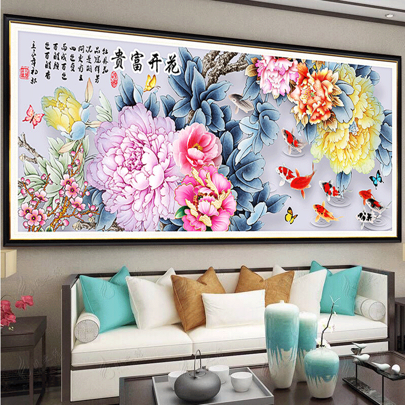 手工十字绣成品织巢鸟2020新款开富贵牡丹花九鱼图纯手工绣好的刺绣