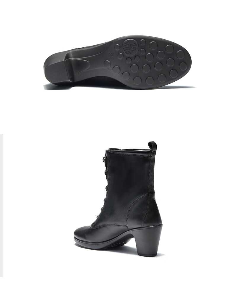 24小时进口女士中跟中筒靴子头层小牛皮加绒内里系带冬季女鞋h24322