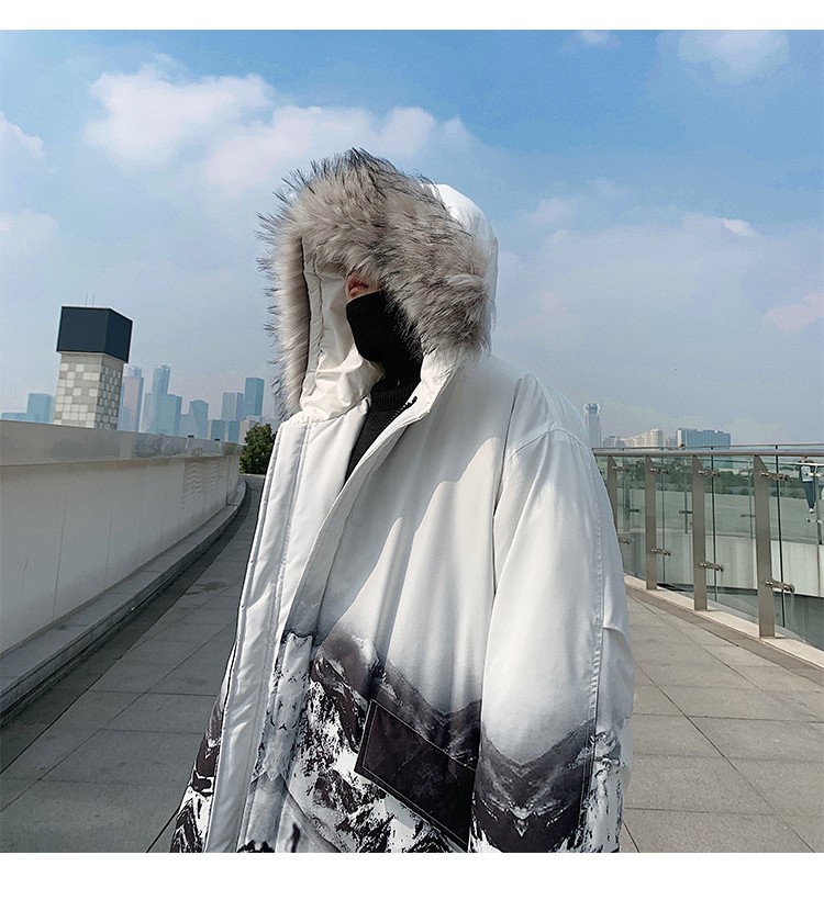 羽绒服男冬季潮牌男装ins港风雪山之巅渐变印花中长款羽绒衣青少年
