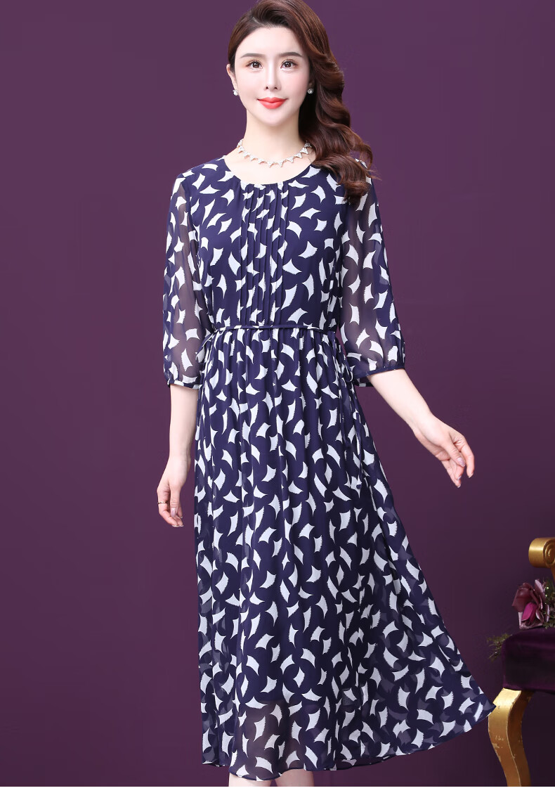 王小鸭印花连衣裙女夏2021新款宽松垂感阔太太长款飘逸真丝裙深宝蓝m
