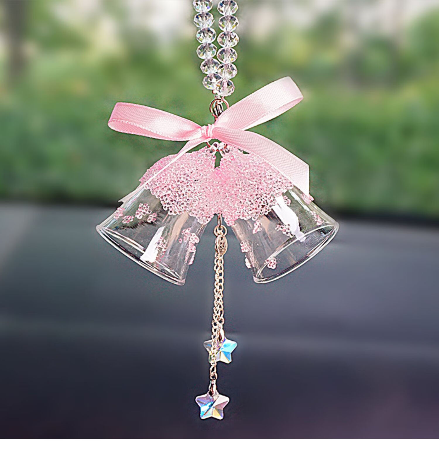 高档水晶铃铛汽车挂件女士车内挂饰摆件车载风铃水晶双铃铛车挂件透明