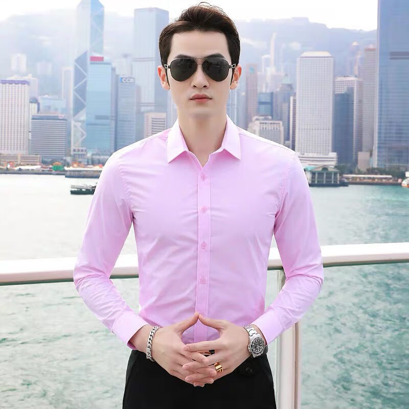 百搭潮流高品质衬衫男季男士纯色长袖衬衫男潮流帅气男生白色衬衣上