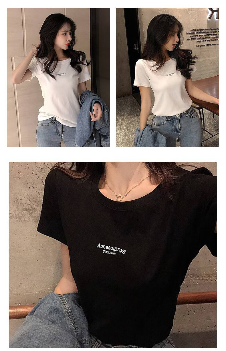 新款ins短袖t恤女网红洋气打底衫韩版潮学生修身上衣服ayx 黑色studio