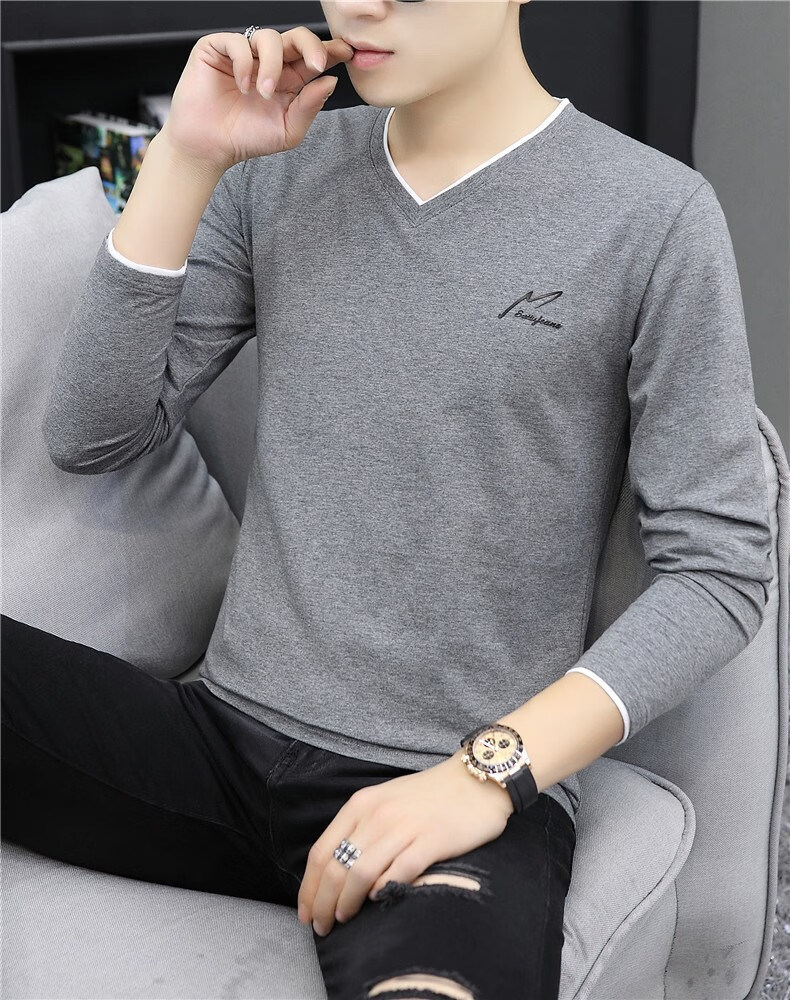 花花公子长袖t恤男士春秋款棉长轴男衫青年长袖t恤鸡心领薄款潮流秋衣