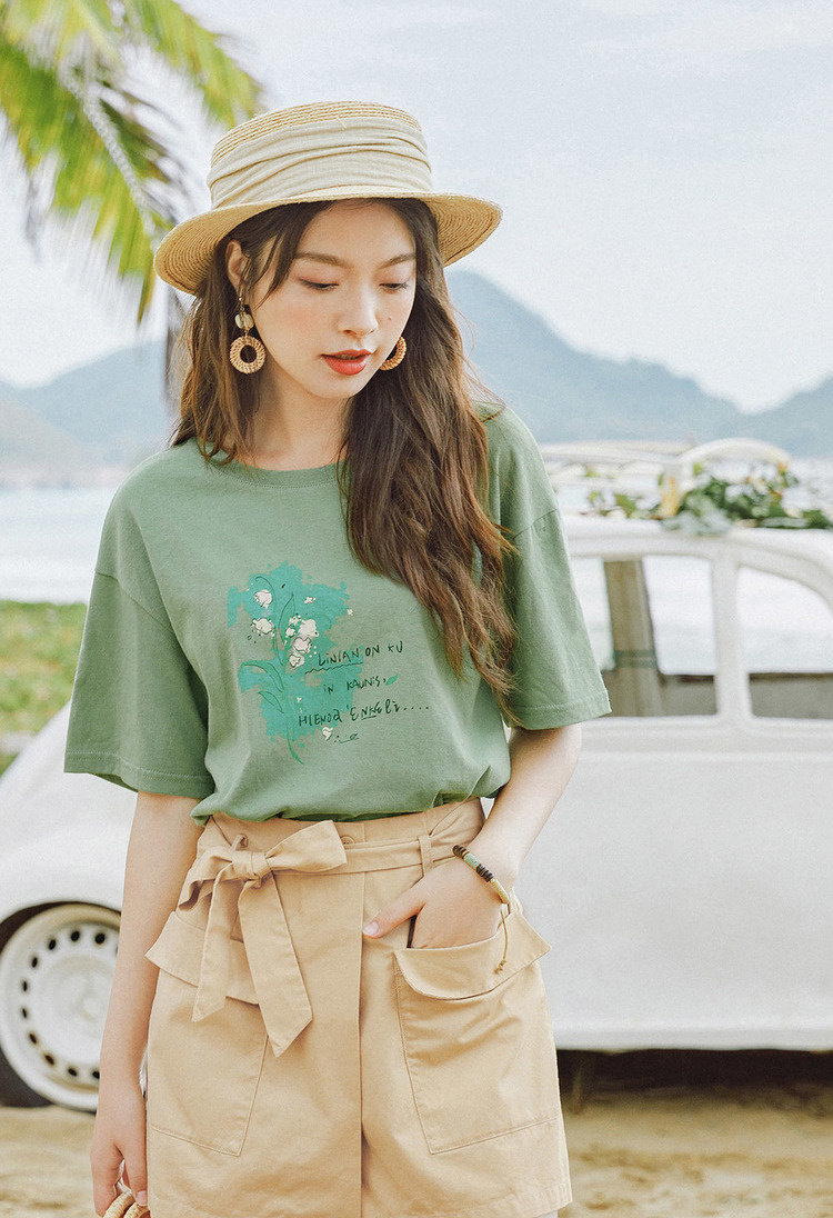 茵曼inman 新疆棉夏装青春短袖t恤女休闲百搭文艺印花少女甜美可爱