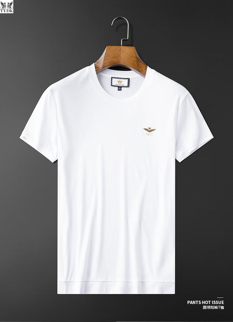 tydk轻奢潮牌简欧夏季丝光亲肤飞鹰绣标白色圆领恤男修身短半袖男法国