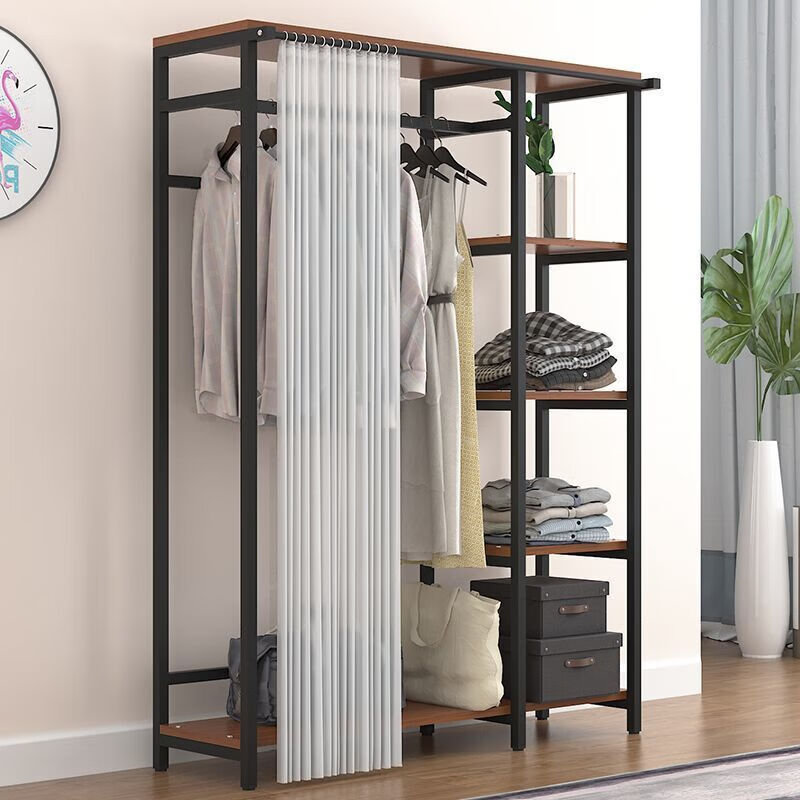 铁架衣柜衣柜家用卧室挂衣柜铁艺衣柜简易家用防尘收纳黑架浅板长80宽