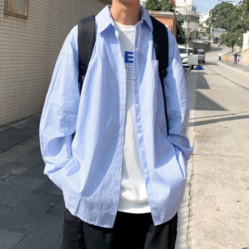 兄弟临 国潮男装衬衫免烫衬衫春夏季蓝白条纹衬衫男长袖韩版潮流宽松