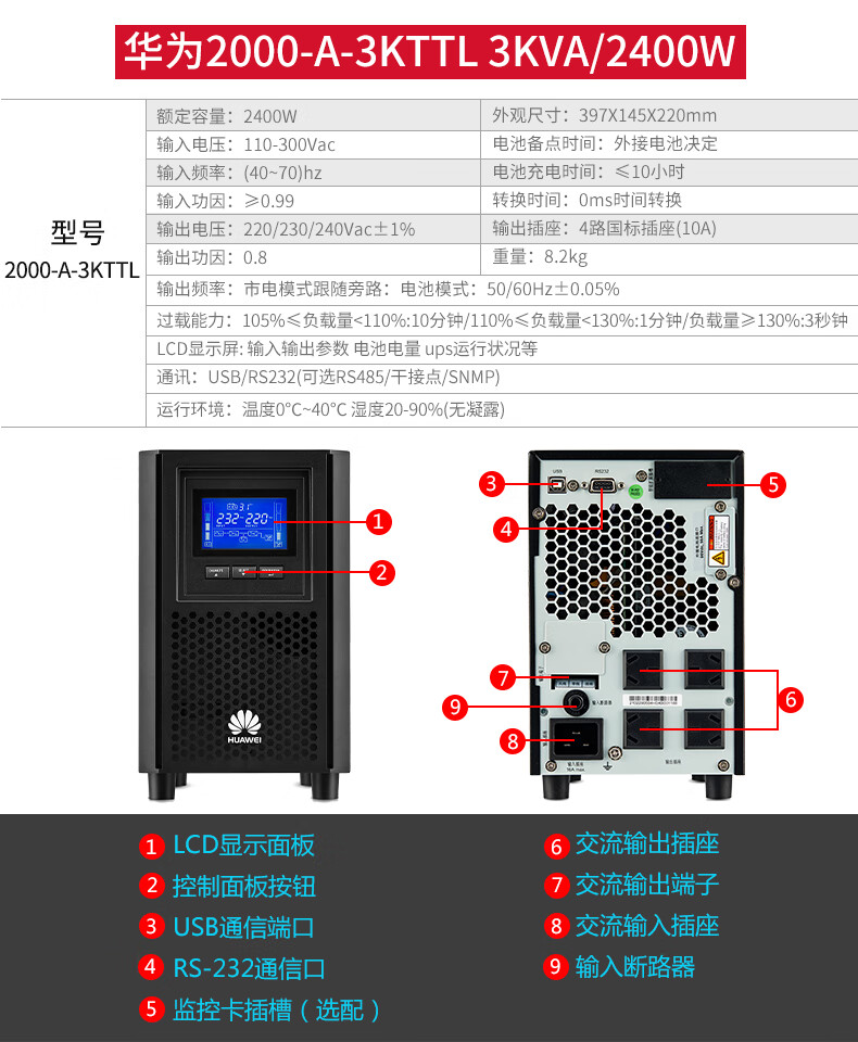 华为ups不间断电源2000a3kttl3kva2400w智能稳压续航电脑机房服务器