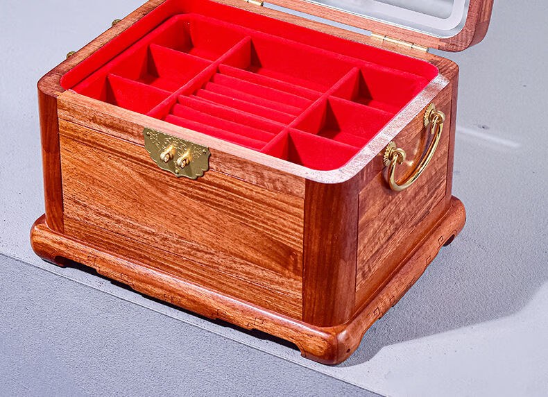 唐砖寻古红木中式化妆盒带镜子梳妆台收纳盒实木质中国风首饰盒收纳盒