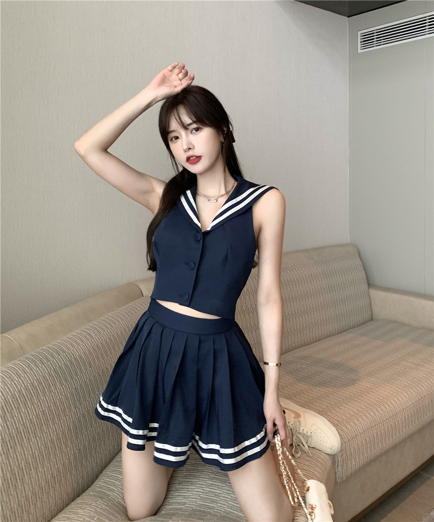 商场同款lrtl轻奢性感露背海军领衬衣jk制服套装女夏季学院风高腰百褶