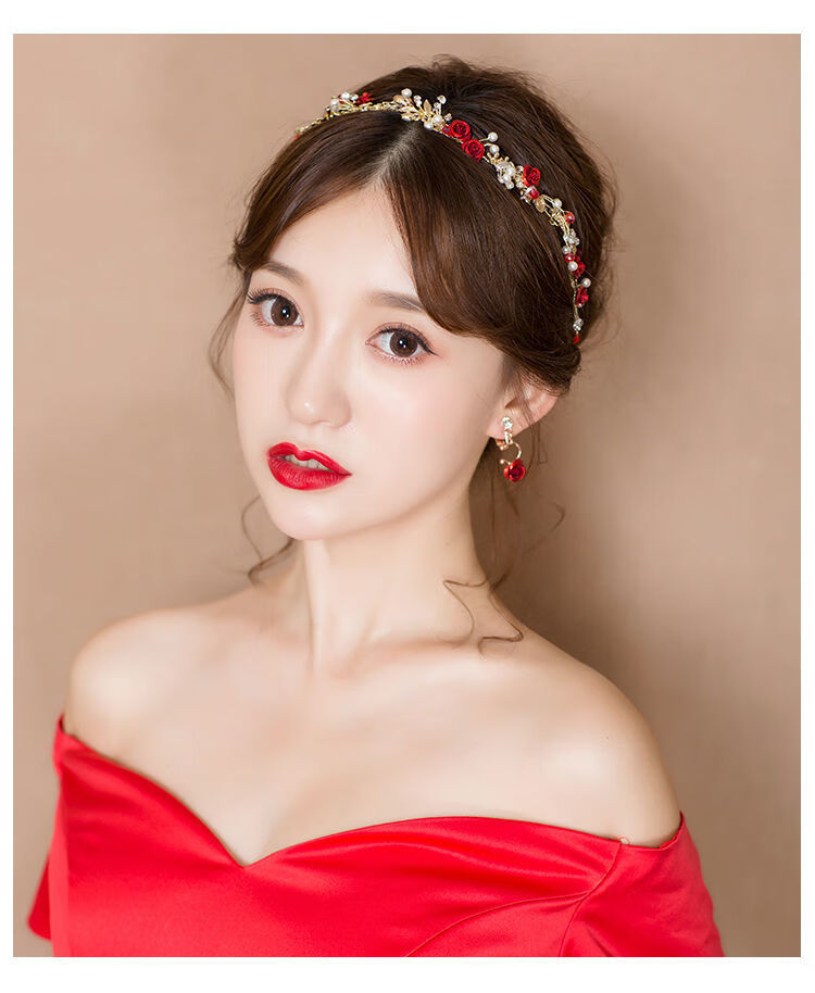 新娘敬酒服头饰红色中式秀禾发饰简单大气婚纱配饰超仙美发带结婚红色