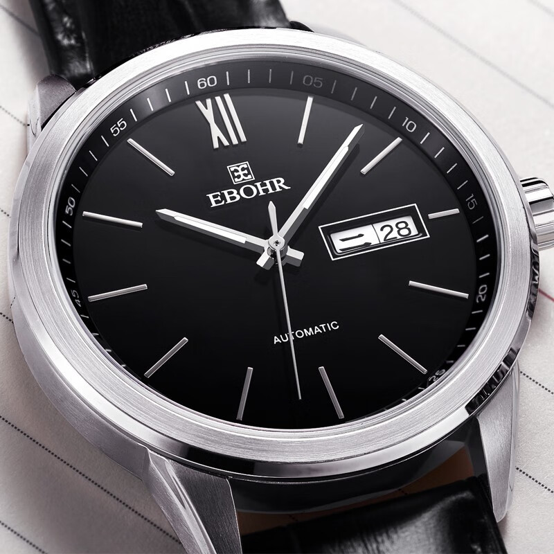 依波ebohr休闲皮带机械手表男士日历指示钟表黑盘双历黑皮带50570133
