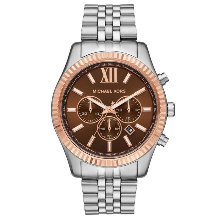 michael kors 男士防水三针石英棕色表盘不锈钢手链手表44mm mk8732