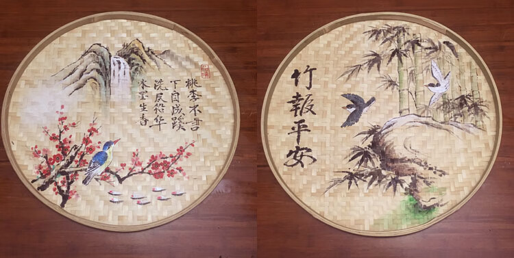 手绘竹编簸箕画手工装饰筐绘画成品创意筛子制品工艺品挂摆件定做j5