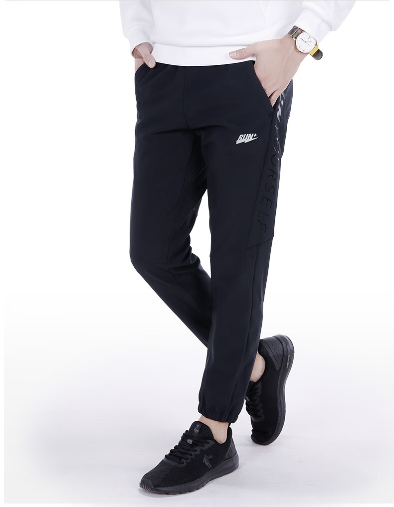 乔丹运动裤男士长裤2020冬季新款加绒保暖九分裤梭织收口休闲裤 黑色