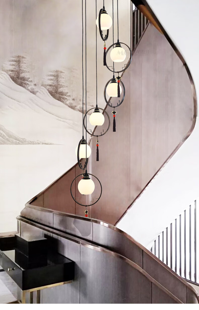 中式楼梯吊灯中国风别墅复式楼中楼跃层现代新中式中空客厅灯 直径40