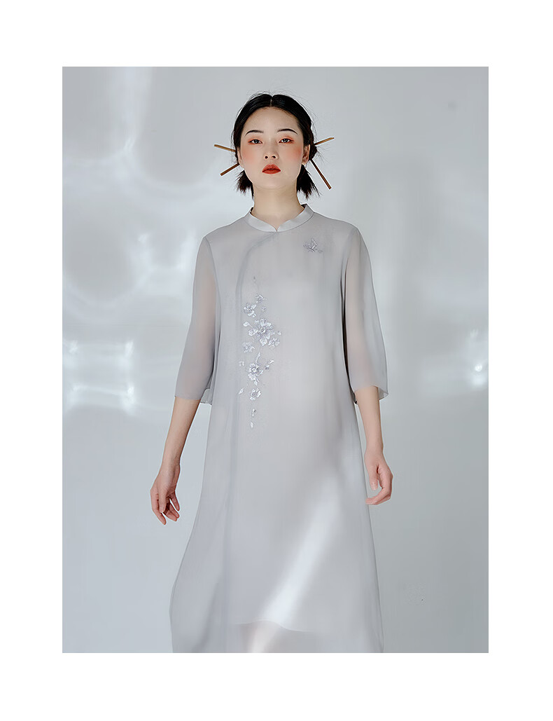 绣娘丝绸真丝连衣裙女桑蚕丝中式连衣裙长款雅姿灰色160m