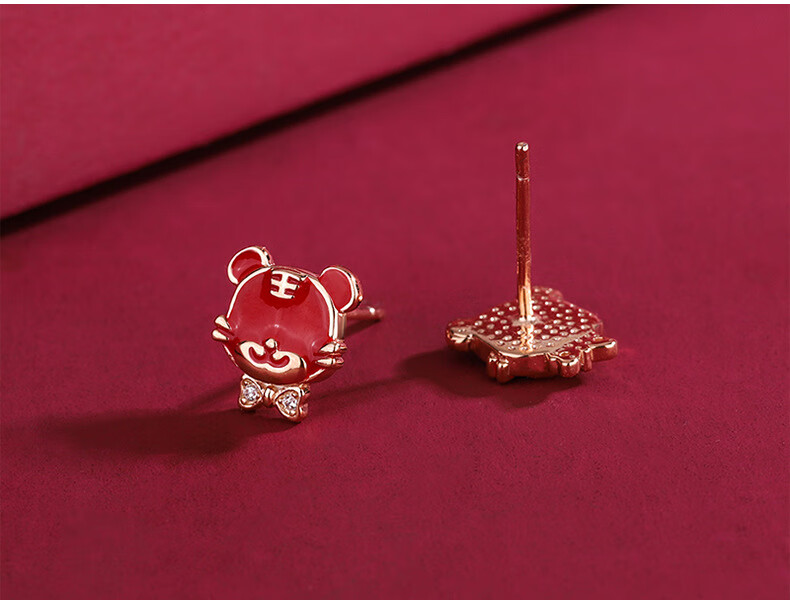 tshe耳钉女999足银蝴蝶结萌虎新款虎年生肖本命年耳饰电白