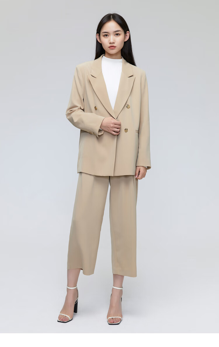 mecity女装春夏新款双排扣轻熟风商务通勤休闲小西装外套女乌黑17092a