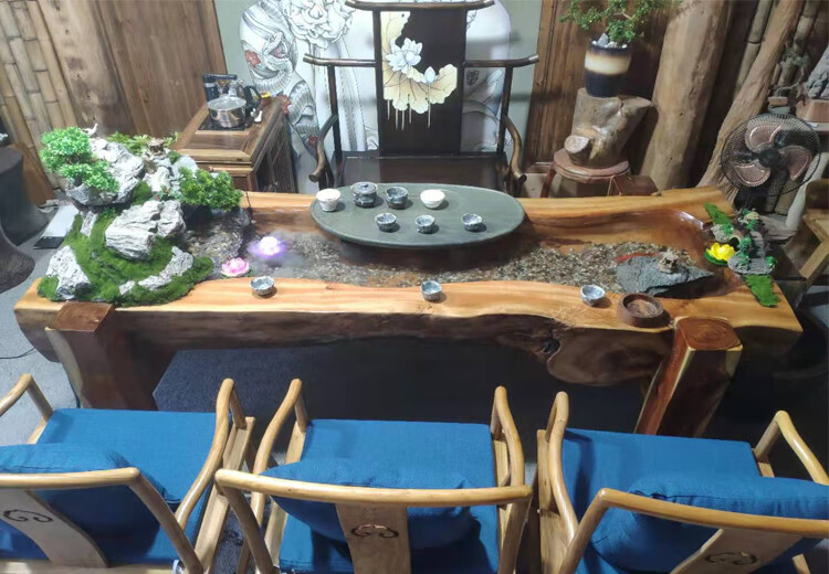 原木原生态香樟木禅意新中式茶几微景观循环流水养鱼曲水流觞茶桌 专