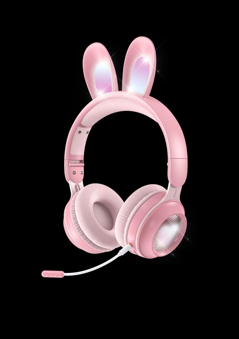 头戴式儿童耳机无线发光兔耳朵带长麦女生音乐牙耳机mdug粉纸盒包装