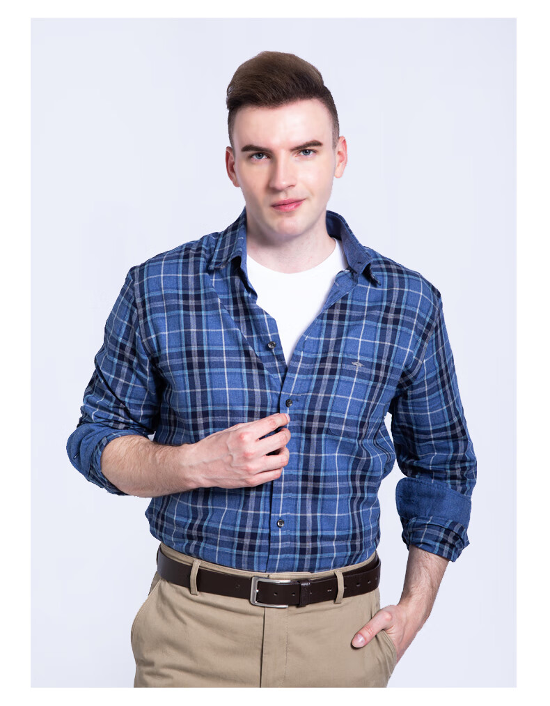 fynchhatton德国树进口男士长袖衬衫棉格子商务休闲棉潮流百搭蓝格m