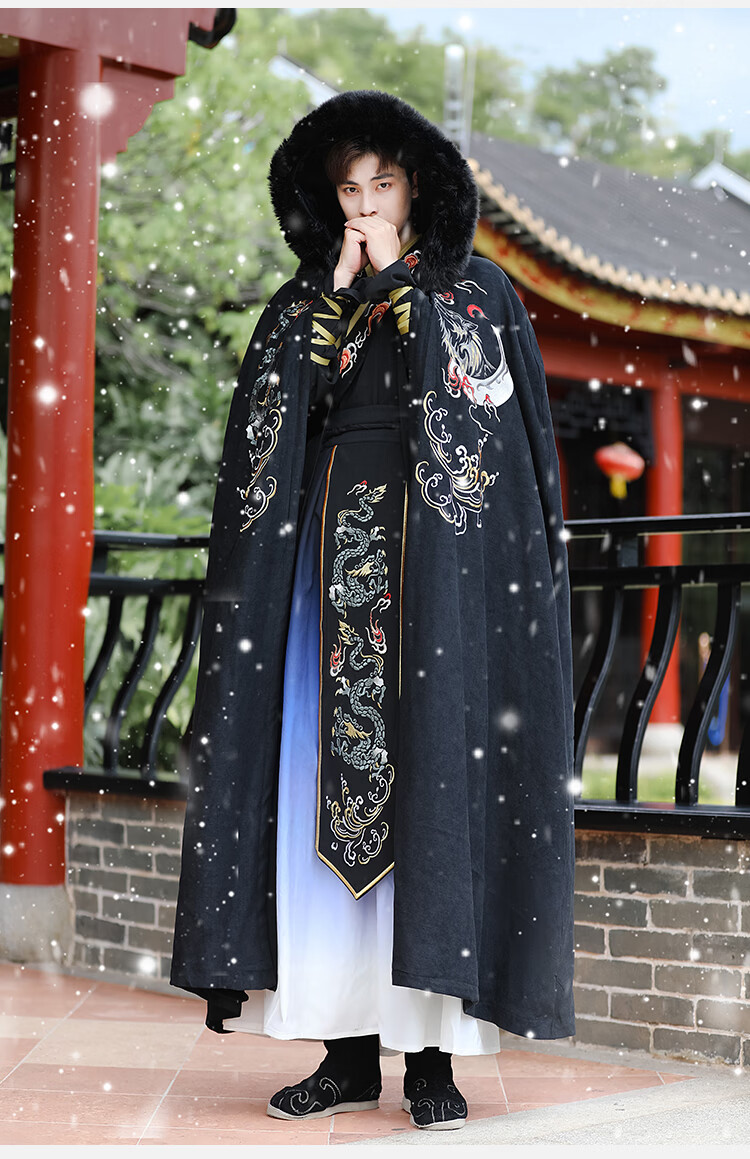 汉服男秋冬古装加长斗篷披风重工绣花古装斗篷男士汉服武侠中国风毛呢
